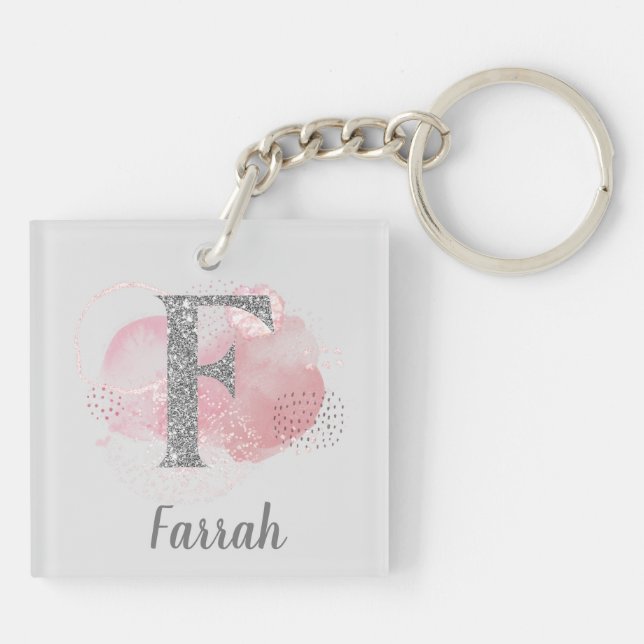 Watercolor Abstract & Glitter Letter F  Key Ring (Back)
