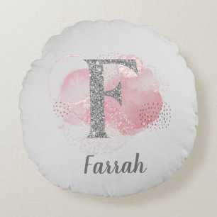 Watercolor Abstract & Glitter Letter F  Round Cushion