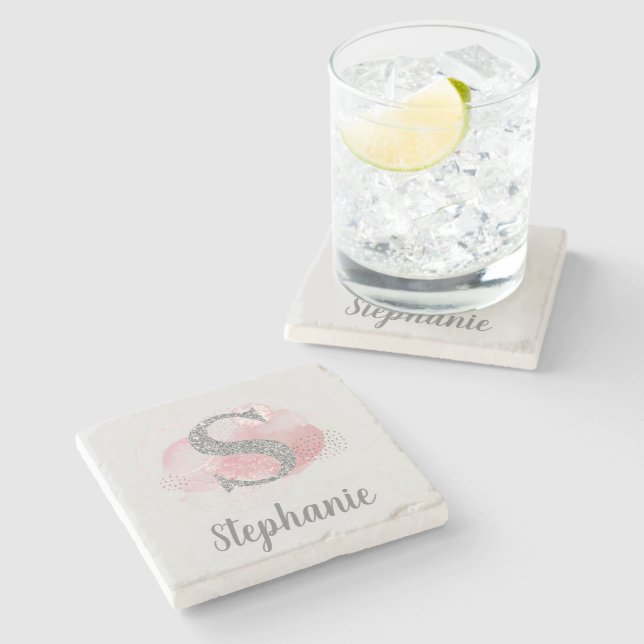 Watercolor Abstract & Glitter Letter  S   Stone Coaster (Side)