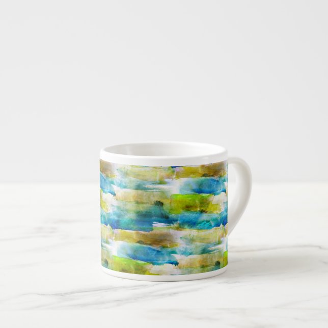 Watercolor abstract green, blue espresso cup (Front Right)