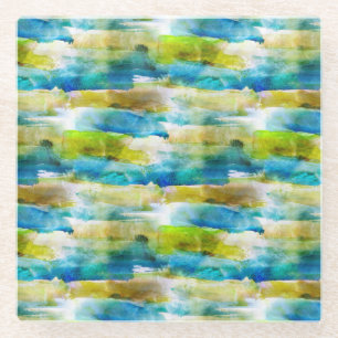 Watercolor abstract green, blue glass coaster