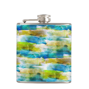 Watercolor abstract green, blue hip flask