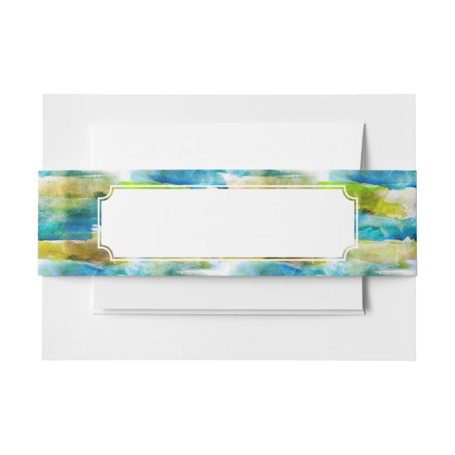 Watercolor abstract green, blue invitation belly band (Front Example)