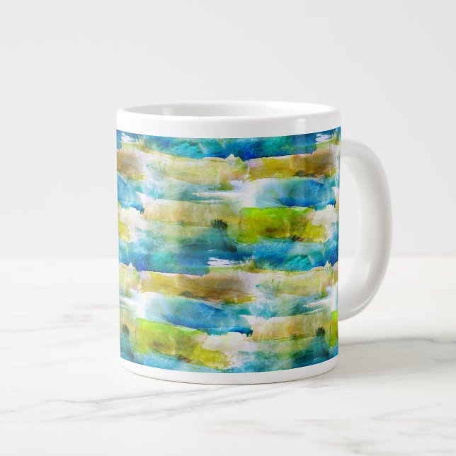Watercolor abstract green, blue large coffee mug (Front Right)