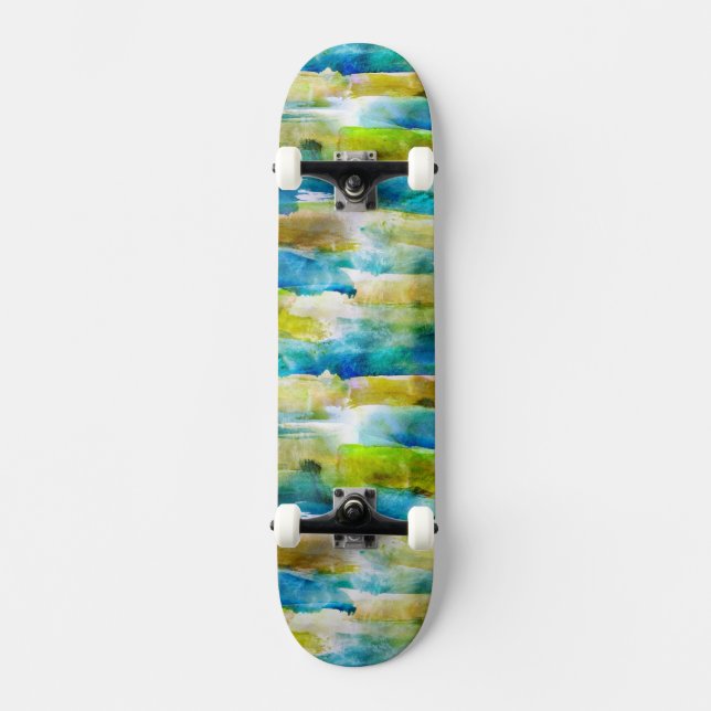 Watercolor abstract green, blue skateboard (Front)
