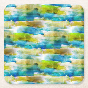 Watercolor abstract green, blue square paper coaster