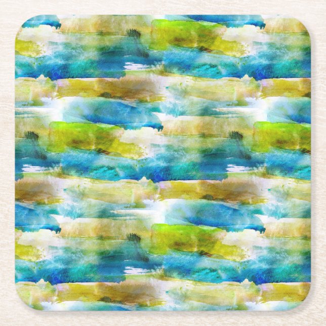 Watercolor abstract green, blue square paper coaster (Front)