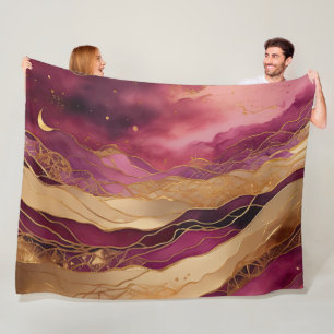 Watercolor Abstract Landscape Gold Burgundy Fleece Blanket