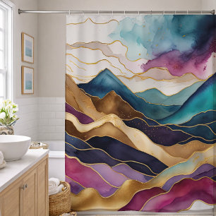 Watercolor Abstract Landscape Painting Gold Shower Curtain