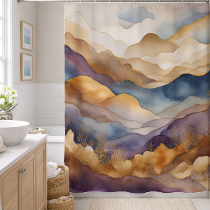 Watercolor Abstract Landscape Painting Gold Shower Curtain