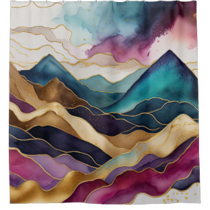 Watercolor Abstract Landscape Painting Gold Shower Curtain