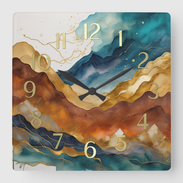 Watercolor Abstract Landscape Painting Gold Square Wall Clock (Front)