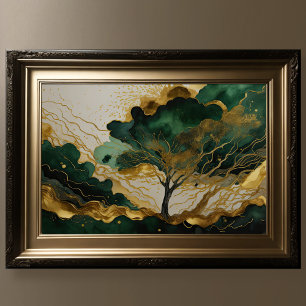 Watercolor Abstract Landscape Painting Green Gold Poster