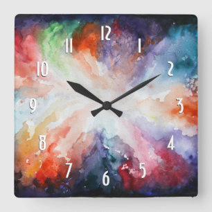 Watercolor Abstract Modern Art Color Clouds Square Wall Clock