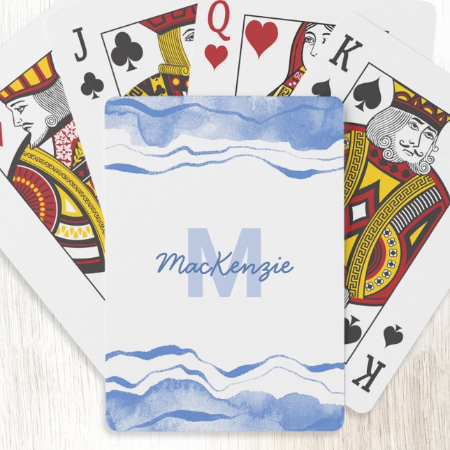Watercolor Abstract Monogram  Playing Cards (Blue and white watercolor abstract monogram initial name personalized art playing cards)
