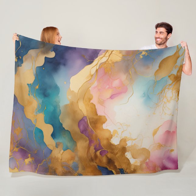 Watercolor Abstract Organic Painting Gold Fleece Blanket (In Situ)