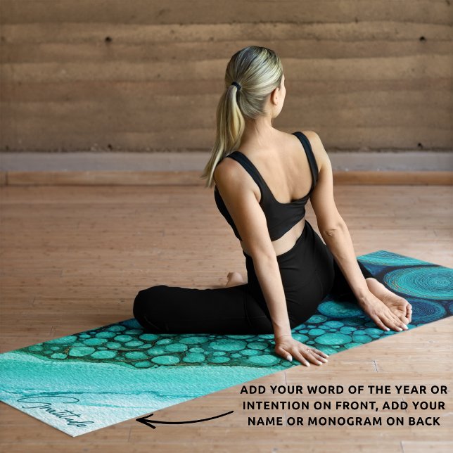 Watercolor Abstract Personalized Intention Blue  Yoga Mat (Artful geode textures in cool blue-green tones.)