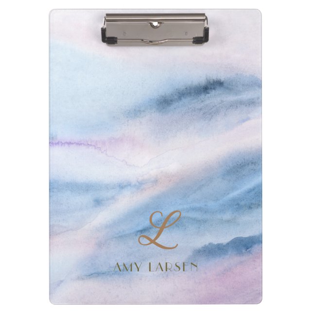 Watercolor Abstract Pink Blue Marble Monogram Clipboard (Front)