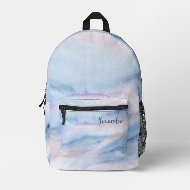 Watercolor Abstract Pink Blue Marble with Name Printed Backpack (Front)