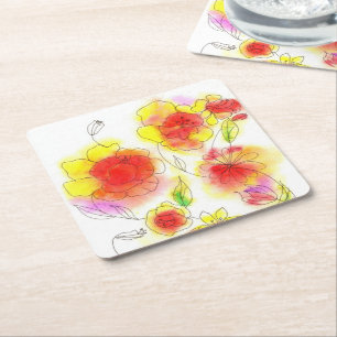 Watercolor abstract red and yellow flowers square paper coaster
