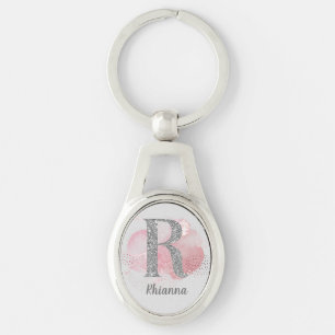 Watercolor Abstract & Silver Glitter Letter R   Key Ring