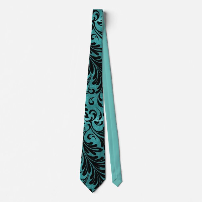 Watercolor Acanthus Leaves Aqua Turquoise Black Tie (Front)