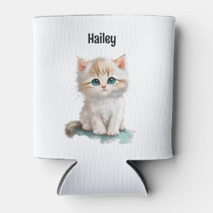 Watercolor Adorable Kitten with Blue Eyes Can Cooler