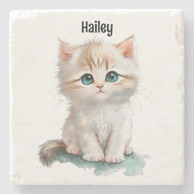 Watercolor Adorable Kitten with Blue Eyes  Stone Coaster (Front)
