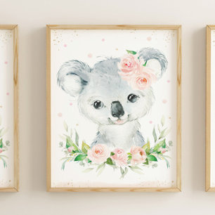 Watercolor Adorable Koala Blush Pink Floral Wall  Poster