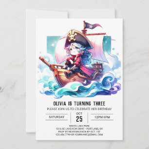 Watercolor Adorable Pirate Birthday Invitation
