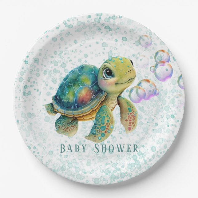 Watercolor Adorable Turtle Bubbles Baby Shower Paper Plate (Front)
