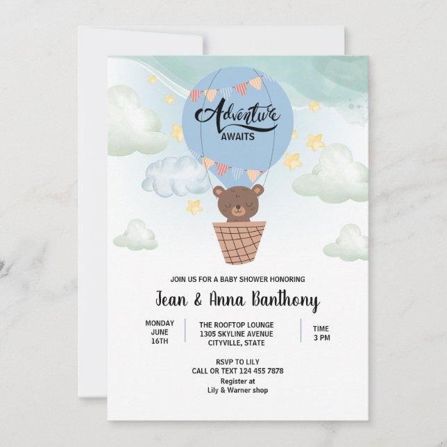  watercolor adventure awaits Bear baby shower Invitation (Front)