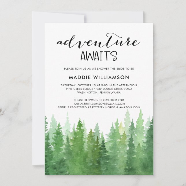 Watercolor Adventure Awaits Forest Bridal Shower   Invitation (Front)
