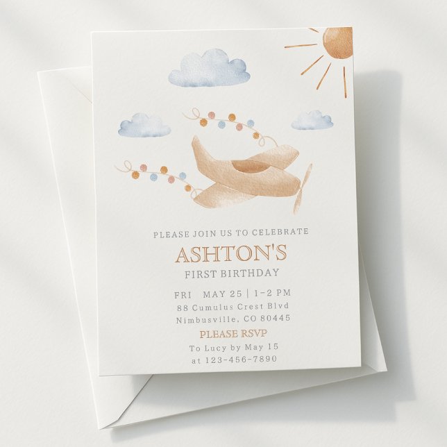Watercolor Aeroplane 1st Birthday Invitation (Creator Uploaded)