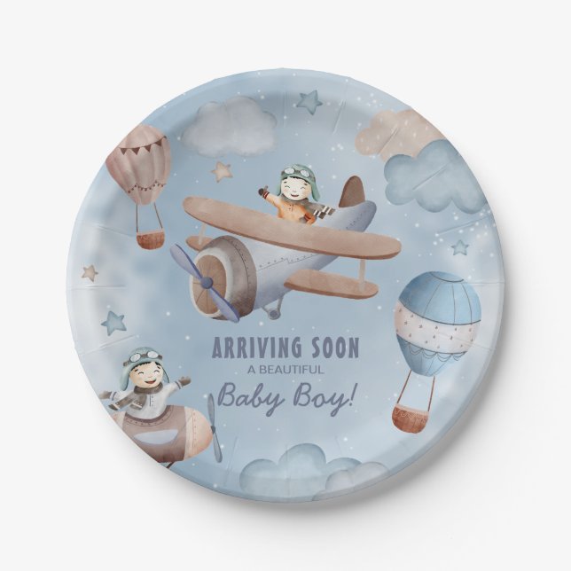 Watercolor Aeroplane Aviation Boy Baby Shower Paper Plate (Front)