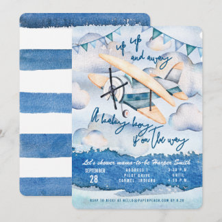 Watercolor Aeroplane Baby Boy Shower Invitation