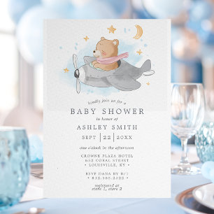 Watercolor Aeroplane Bear Cute Boys Baby Shower Invitation