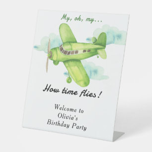 Watercolor Aeroplane Kids Birthday Pedestal Sign
