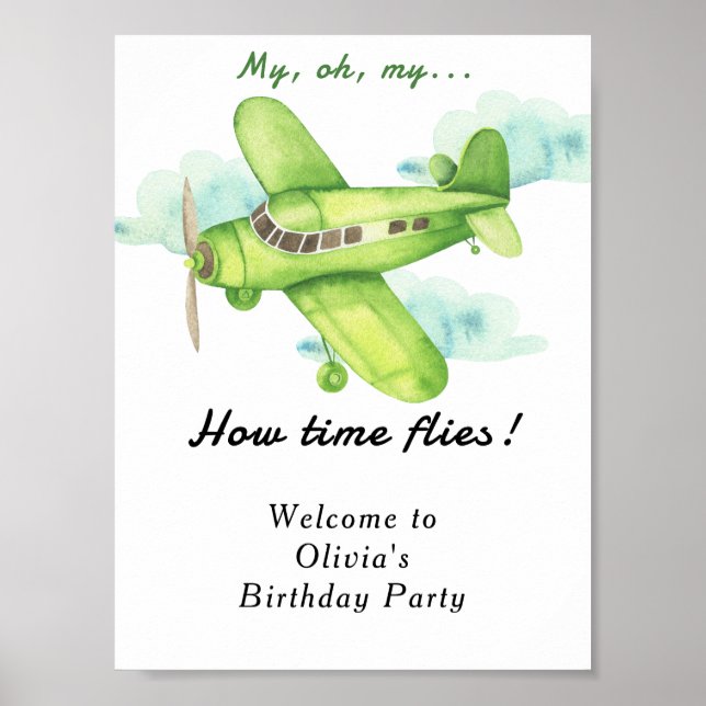 Watercolor Aeroplane Kids Birthday Poster (Front)