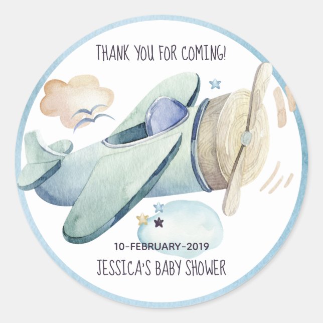 Watercolor Aeroplane Party Blue Classic Round Sticker (Front)