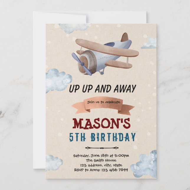 Watercolor aeroplane party invitation (Front)