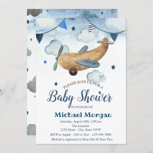 Watercolor Aeroplane Toy,Stars,CloudsBaby Shower Invitation