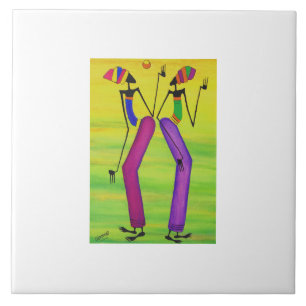 Watercolor, African art Sun Party Tile