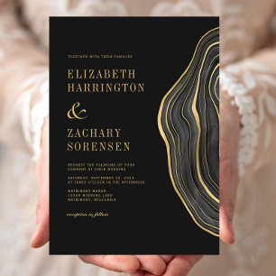 Watercolor Agate Black Gold Wedding Invitation