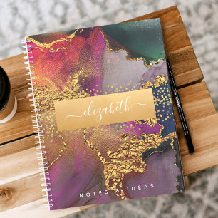 Watercolor agate chic glam gold purple blue green notebook