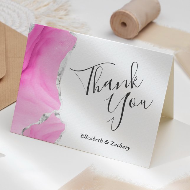 Watercolor Agate Pink Silver Wedding Thank You Card (Creator Uploaded)