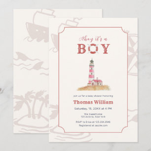 Watercolor Ahoy Nautical Lighthouse Baby Shower  Invitation