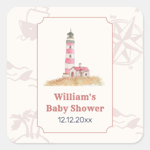 Watercolor Ahoy Nautical Lighthouse Baby Shower Square Sticker