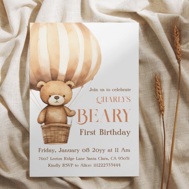 Watercolor Airballoon Beary First 1st Birthday Invitation (Creator Uploaded)