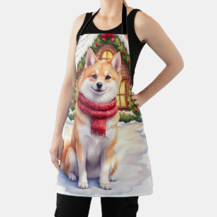 Watercolor Akita Gingerbread House Christmas Apron